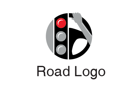 traffic light and steering wheel with hand in circle logo