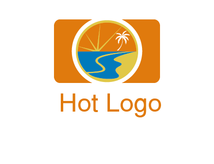 beach with palm tree and sun in camera photography logo