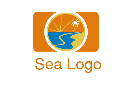 beach with palm tree and sun in camera photography logo