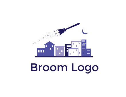 flying broom in city with moon logo