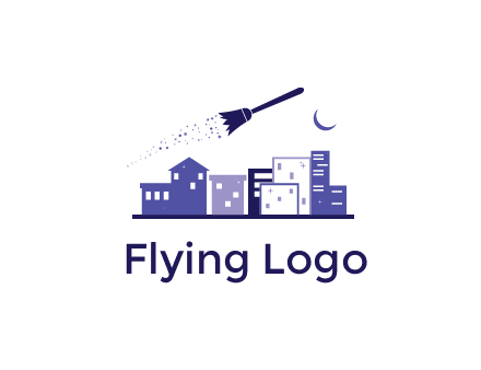 flying broom in city with moon logo