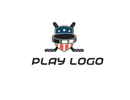 hockey stick behind shield with us flag logo