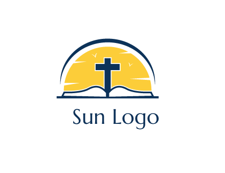 cross and bible in front of sun logo