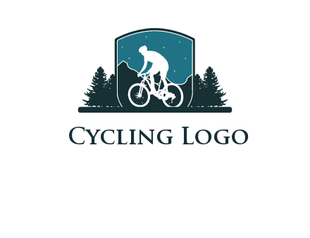 mountain biking in shield with trees emblem logo