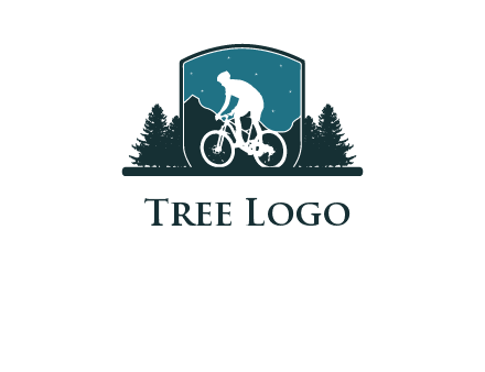 mountain biking in shield with trees emblem logo