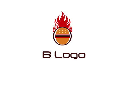 burger in front of flame logo