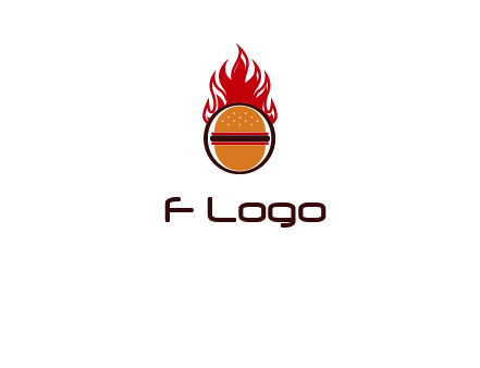 burger in front of flame logo