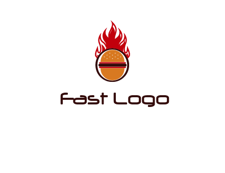 burger in front of flame logo