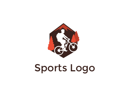 hexagonal mountain biking logo with fir trees