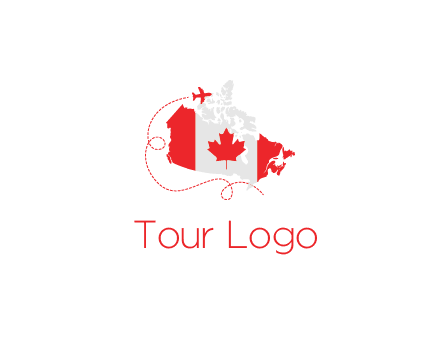 Canadian flag on the map with an airplane flying around it for a Canada tourism logo