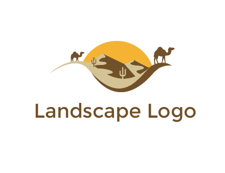 eye of the desert travel logo with sand dunes, camels, cactus and the sun