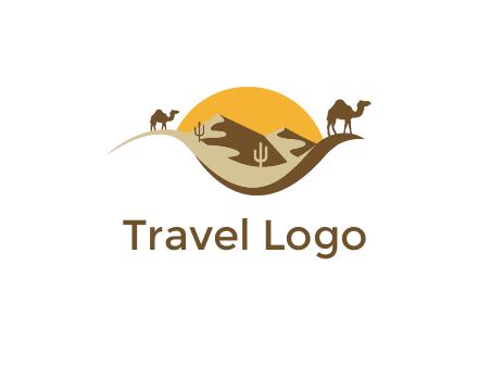 eye of the desert travel logo with sand dunes, camels, cactus and the sun