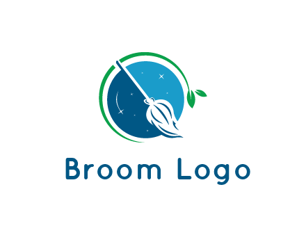 broom in the night sky or space with a green sprout around the logo