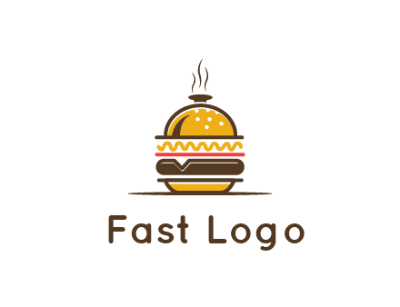 burger with a dish lid logo for an eatery