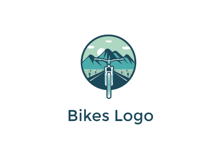 travel logo with bike leaving behind a road and mountains