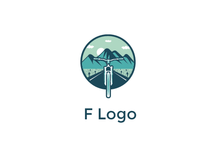 travel logo with bike leaving behind a road and mountains