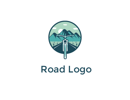 travel logo with bike leaving behind a road and mountains