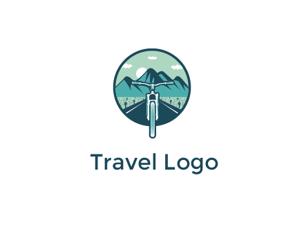 travel logo with bike leaving behind a road and mountains