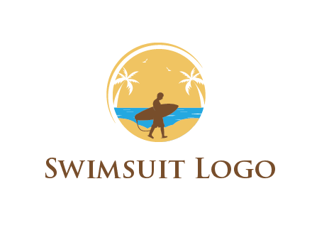 circular logo with palm trees and a surfer walking on the beach