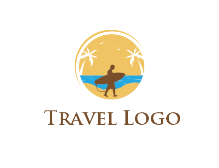 circular logo with palm trees and a surfer walking on the beach