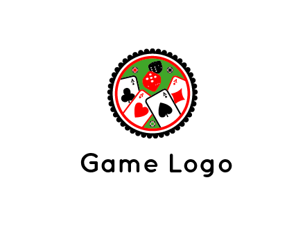 aces of cards, poker or casino chips and dice inside circular gambling logo