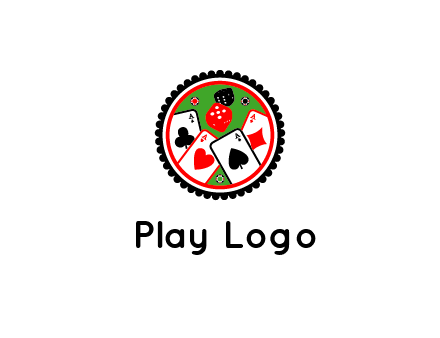 aces of cards, poker or casino chips and dice inside circular gambling logo