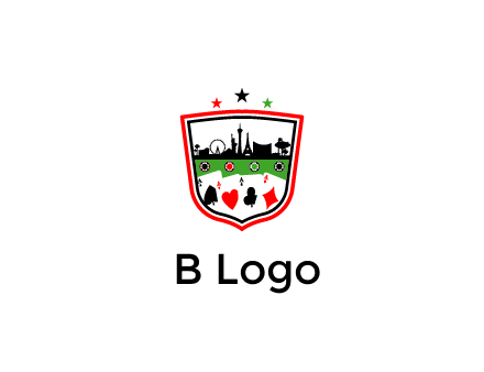 logo with aces in cards and outline of famous landmarks