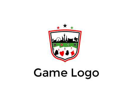 logo with aces in cards and outline of famous landmarks