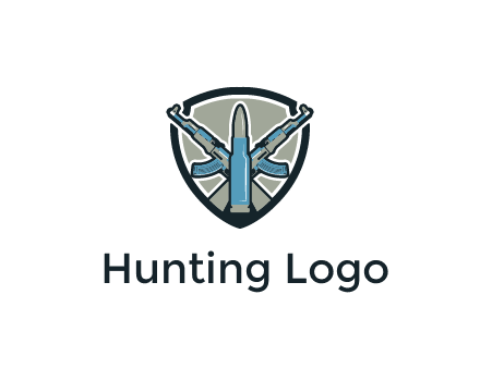 badge shape logo with a bullet and two AK-47 rifles crossed