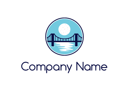 circular logo with a suspension bridge and the moon shining over water