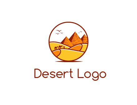 round logo showing a view of the desert and the pyramids