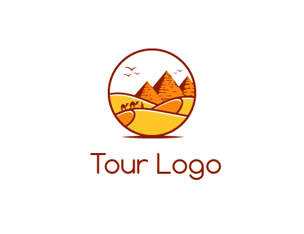 round logo showing a view of the desert and the pyramids