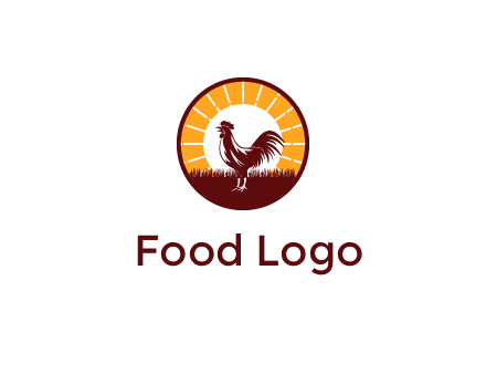 rooster standing in front of the sun logo