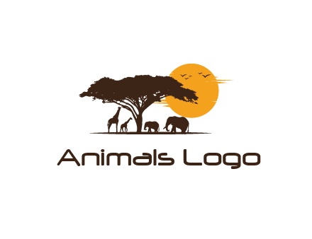 wildlife safari logo with giraffes and elephants standing under a tree in front of sun