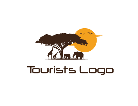 wildlife safari logo with giraffes and elephants standing under a tree in front of sun