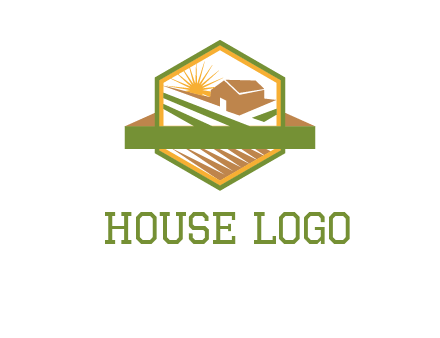 ribbon around sun and barn house with fields in hexagon farm logo