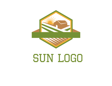 ribbon around sun and barn house with fields in hexagon farm logo