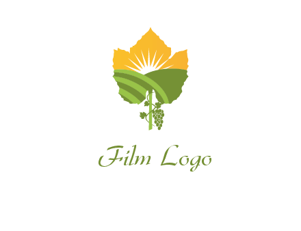 leaf shape cutout of sun and grape farm vineyard logo