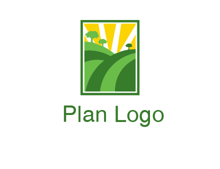 sun rays on trees and field agriculture logo