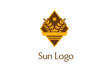 wheat stalks and sun in rhombus with ribbon agriculture logo