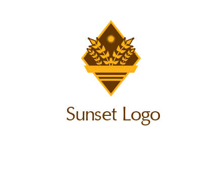 wheat stalks and sun in rhombus with ribbon agriculture logo