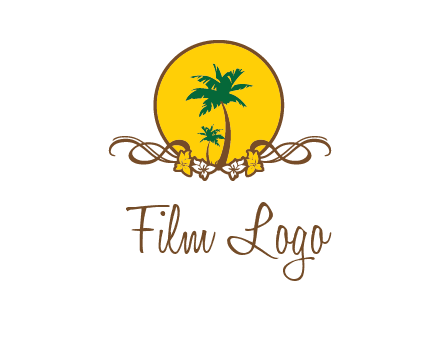 palm trees in circle with flowers and ribbons travel logo