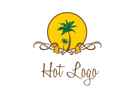 palm trees in circle with flowers and ribbons travel logo