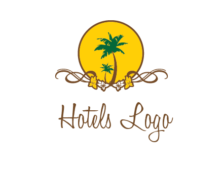 palm trees in circle with flowers and ribbons travel logo