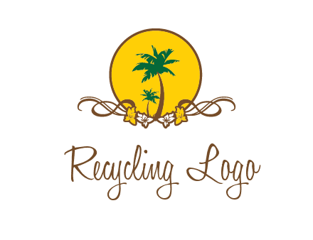 palm trees in circle with flowers and ribbons travel logo