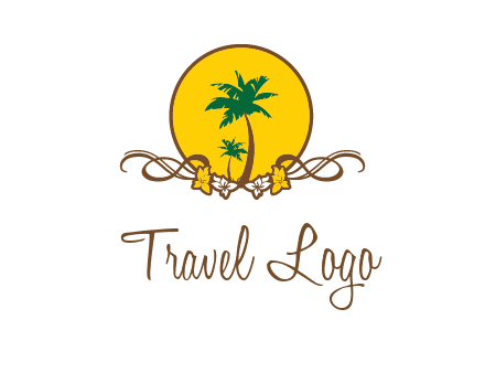 palm trees in circle with flowers and ribbons travel logo