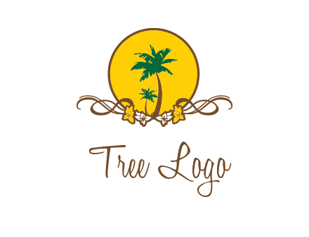 palm trees in circle with flowers and ribbons travel logo