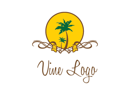 palm trees in circle with flowers and ribbons travel logo