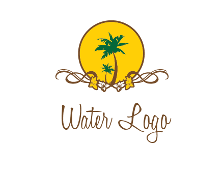 palm trees in circle with flowers and ribbons travel logo