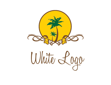 palm trees in circle with flowers and ribbons travel logo